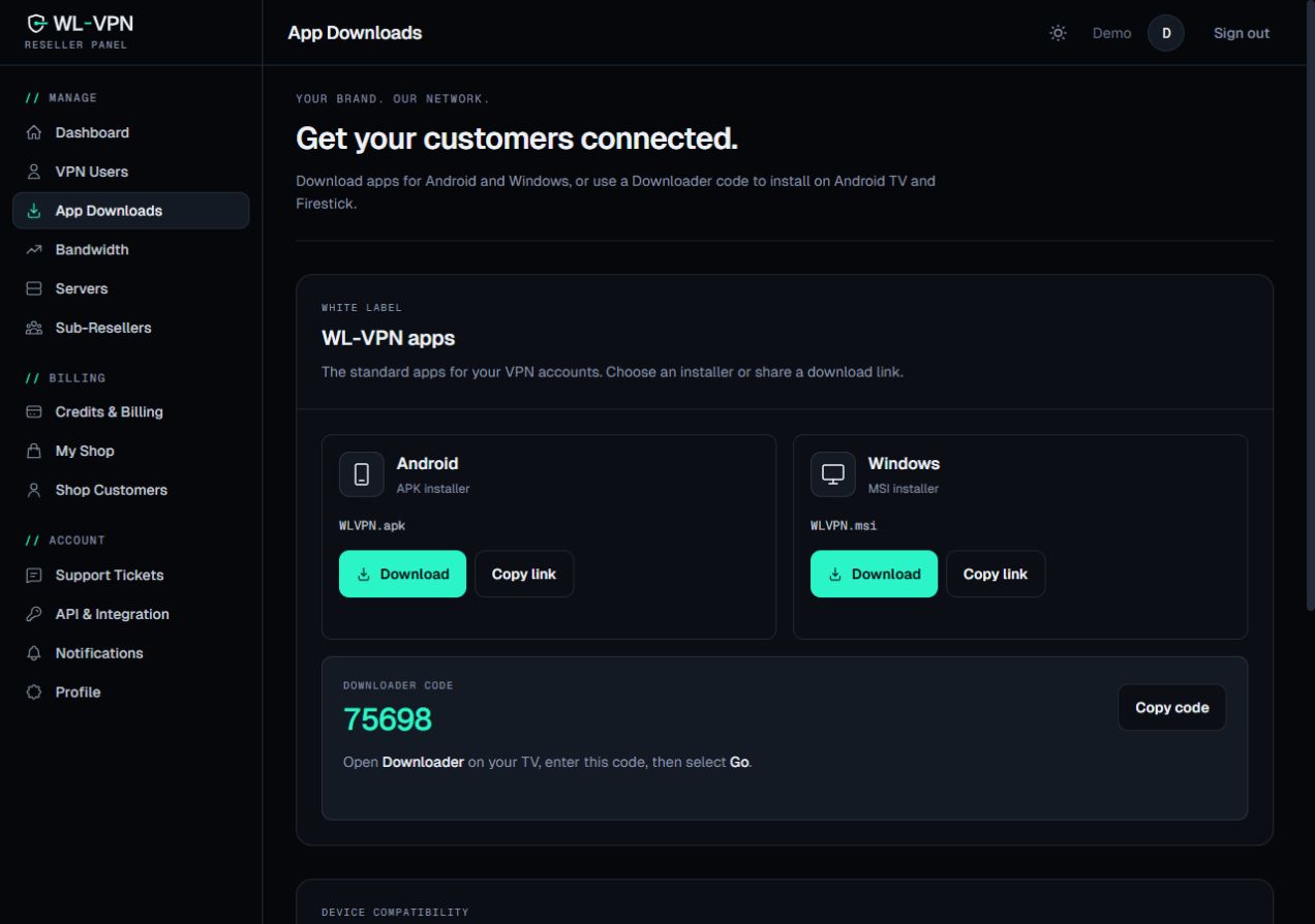WL-VPN reseller panel App Downloads page with Android and Windows download cards